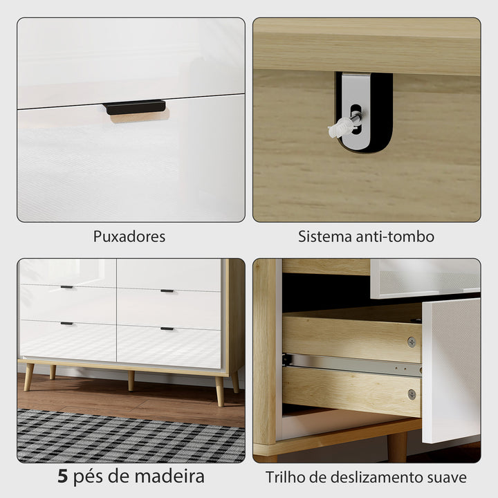 Cómoda 6 Gavetas Cómoda Quarto com Pernas de Madeira Cómoda para Sala Escritório Estilo Moderno 110x40x75 cm Branco Brilhante e Carvalho