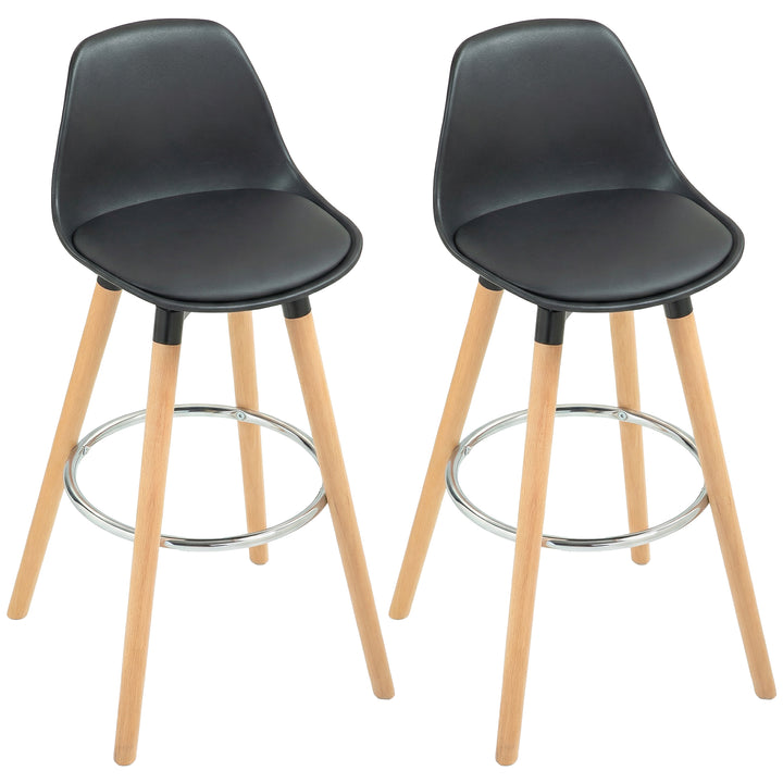 Conjunto de 2 Bancos de Bar Estofado em PU Bancos Altos de Cozinha com Assento de 69 cm e Pés de Madeira para Cozinha Sala de Jantar 38,5x42,5x91 cm Preto