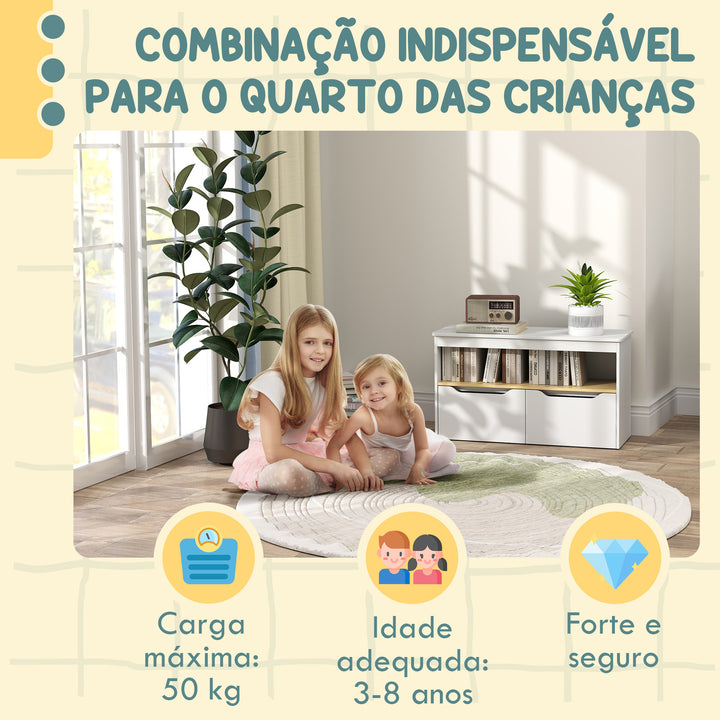 Organizador de Brinquedos Móvel de Arrumação Infantil com 2 Gavetas e Compartimento para Dormitório Sala de Jogos 80x30x45 cm Branco