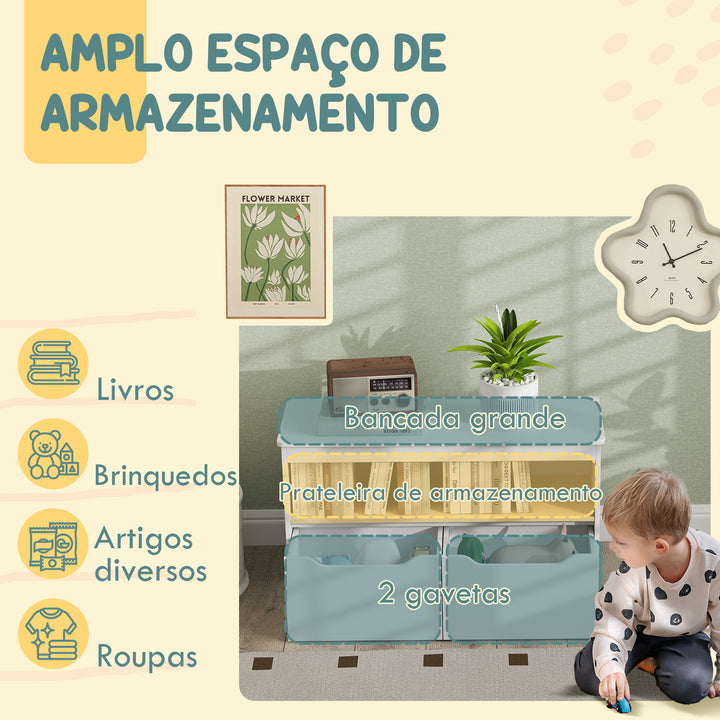 Organizador de Brinquedos Móvel de Arrumação Infantil com 2 Gavetas e Compartimento para Dormitório Sala de Jogos 80x30x45 cm Branco