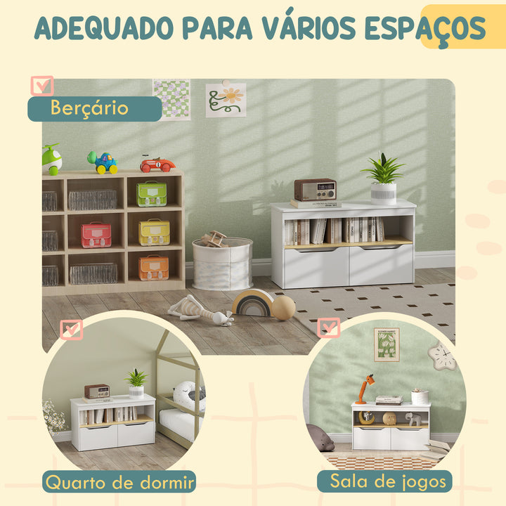 Organizador de Brinquedos Móvel de Arrumação Infantil com 2 Gavetas e Compartimento para Dormitório Sala de Jogos 80x30x45 cm Branco