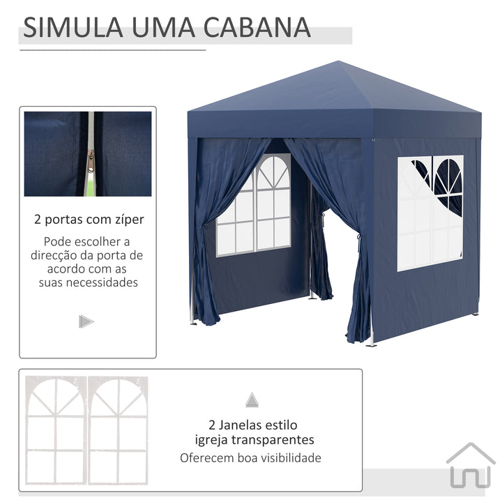 Tenda Dobrável 2x2 Tenda de Jardim com 4 Paredes Laterais Tecido Oxford 2 Portas 2 Janelas e Bolsa de Transporte para Exterior Terraço Campismo Festas Azul