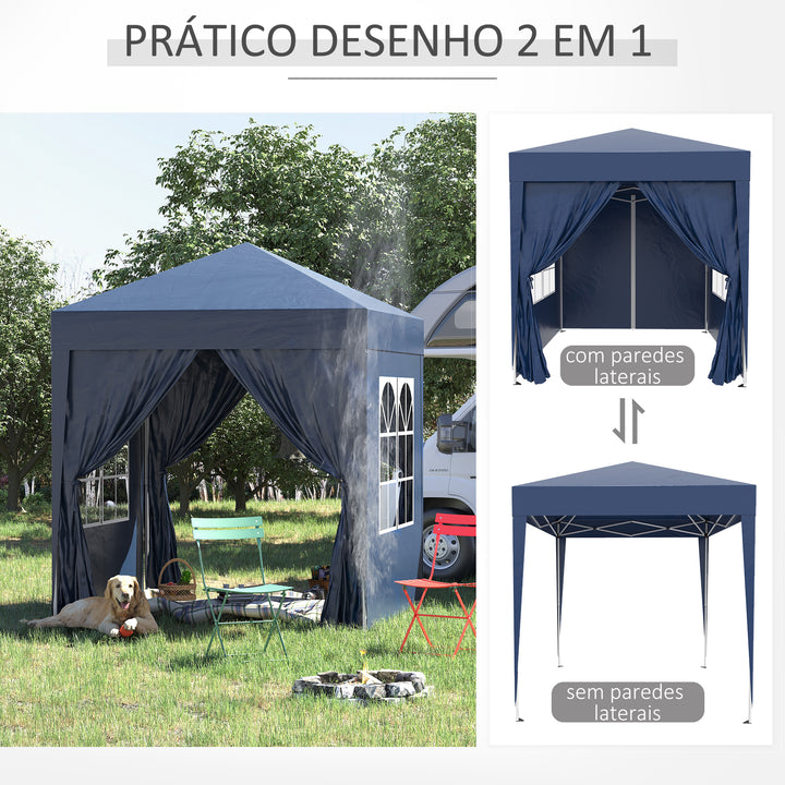 Tenda Dobrável 2x2 Tenda de Jardim com 4 Paredes Laterais Tecido Oxford 2 Portas 2 Janelas e Bolsa de Transporte para Exterior Terraço Campismo Festas Azul