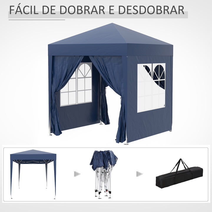 Tenda Dobrável 2x2 Tenda de Jardim com 4 Paredes Laterais Tecido Oxford 2 Portas 2 Janelas e Bolsa de Transporte para Exterior Terraço Campismo Festas Azul
