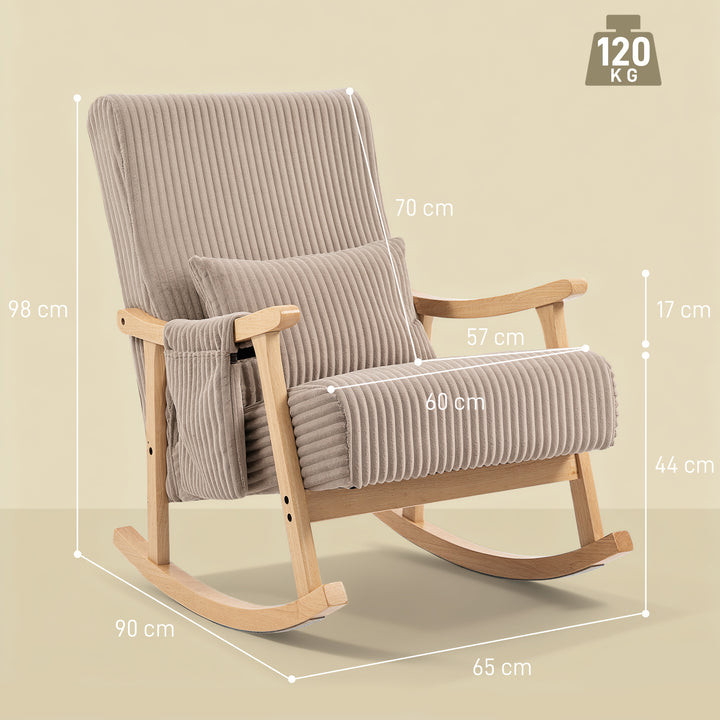 Cadeira de Baloiço, Cadeira de Veludo Cotelê com Almofada Lombar, Pernas e Apoios de Braço em Madeira, Assento Largo, Bolso Lateral, Estilo Moderno, Cadeira de Relaxamento, Suporte até 120 kg, para Quarto, Sala, Castanho Claro