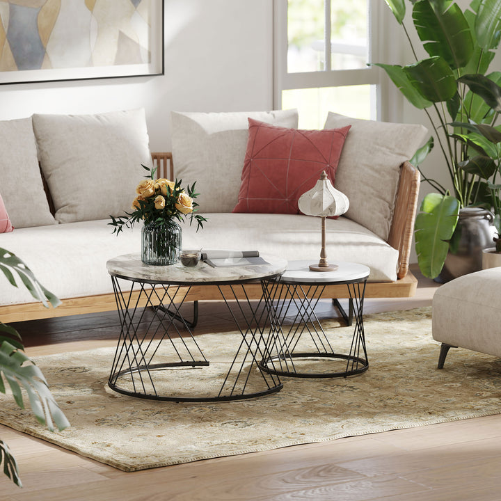 Conjunto de 2 Mesas Auxiliares Mesas de Centro para Sala de Estar Redondas com Bancada com Imitação de Mármore Estrutura de Metal para Sala de Estar Cinzento e Branco