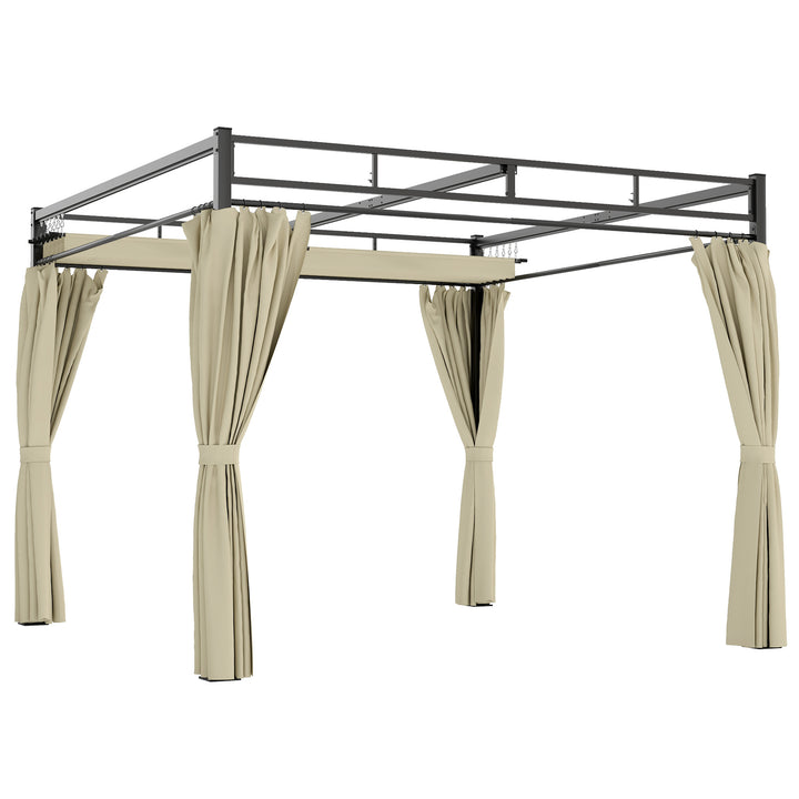 Pérgola de Jardim 295x295x221 cm com Teto Retrátil e Cortinas UPF30+ Estrutura Metálica Pérgola para Exterior Bege