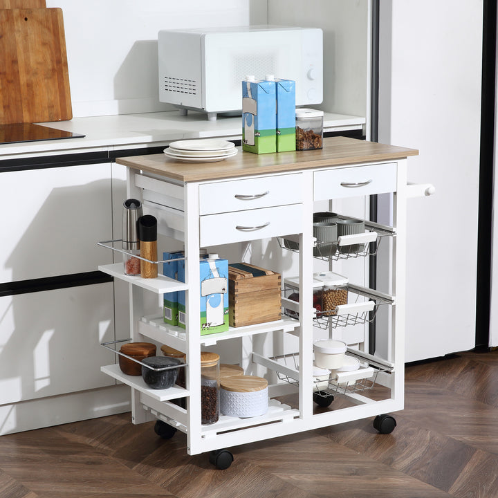 Carrinho de cozinha Carrinho de serviço multifuncional com gavetas Cestas Prateleiras de especiarias Toalheiro Rodas 92x37x82 cm Branco