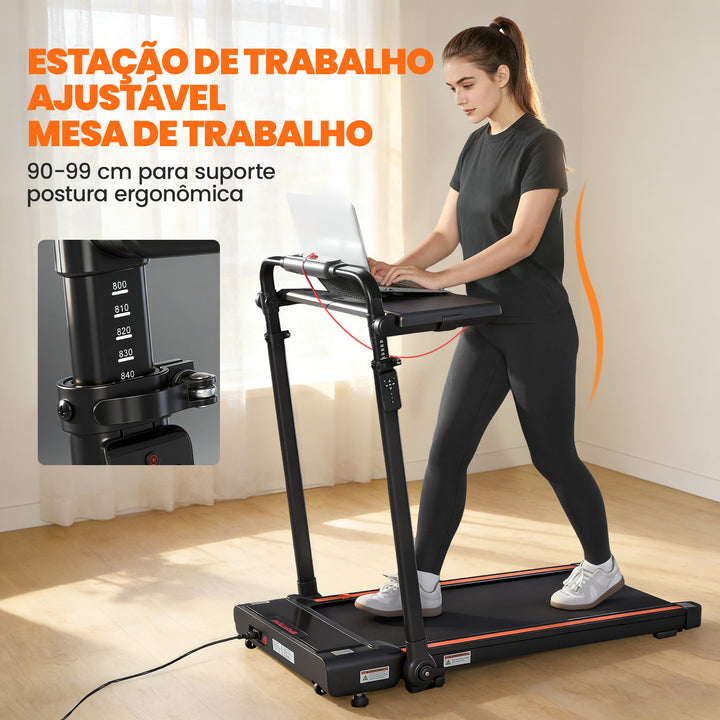 Passadeira Dobrável 2 em 1, Caminhadora Elétrica 1-12 KM/H 2.5HP com Secretária Removível e Guiador Ajustável em Altura, Ecrã LED e Suporte para Telemóvel, para Casa e Escritório