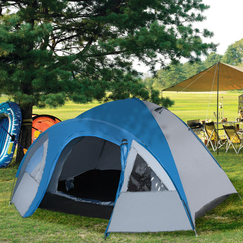 Tenda de Campismo para 4 Pessoas Tenda de Campismo com Janelas 2 Bolsos e Bolsa de Transporte 300x250x130 cm Cinza e Azul