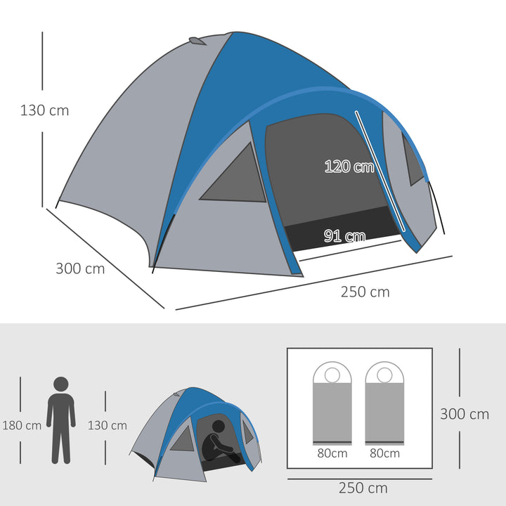 Tenda de Campismo para 4 Pessoas Tenda de Campismo com Janelas 2 Bolsos e Bolsa de Transporte 300x250x130 cm Cinza e Azul