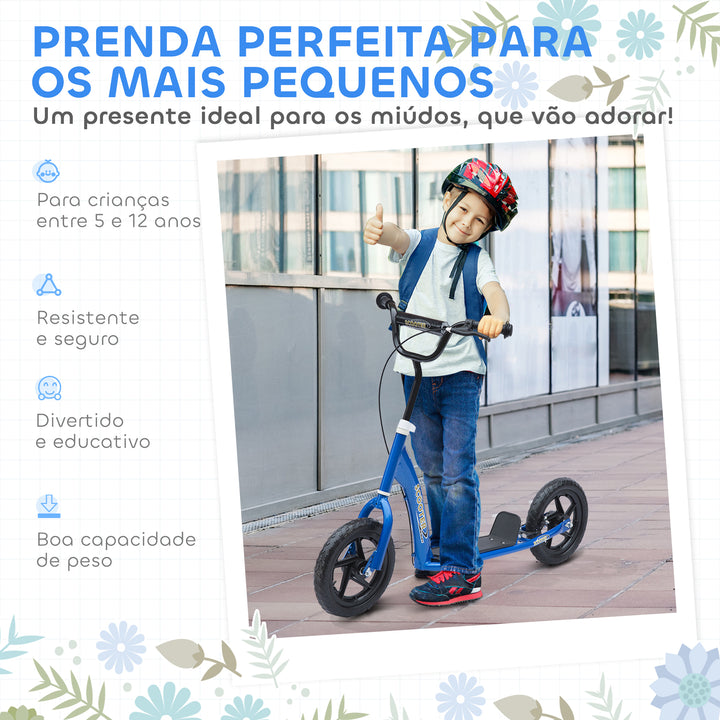 Trotinete para Crianças acima de 5 anos Scooter de 2 Rodas Grandes de 12 Polegadas com Freio e Guidão Ajustável em Altura Carga Máx. 100kg 120x52x80-88cm Azul
