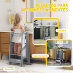 Torre de Aprendizagem Torre de Aprendizagem para Crianças acima de 3 Anos com Degrau Altura Ajustável em 3 Níveis e Barreira de Segurança para Casa de Banho Cozinha 45x47,5x91 cm Cinza