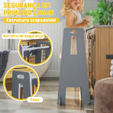 Torre de Aprendizagem Torre de Aprendizagem para Crianças acima de 3 Anos com Degrau Altura Ajustável em 3 Níveis e Barreira de Segurança para Casa de Banho Cozinha 45x47,5x91 cm Cinza