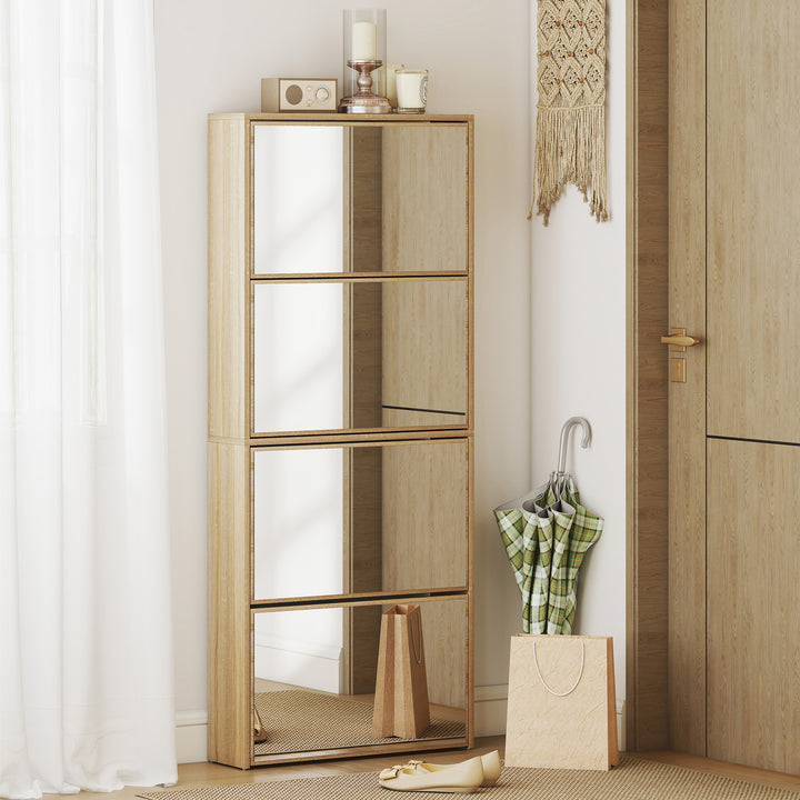 Sapateira Estreita com Espelho 4 Portas Abatíveis Sapateira para Entrada Corredor para 12 Pares de Sapatos Para Corredor Espaços Reduzidos 63x17x146 cm Madeira