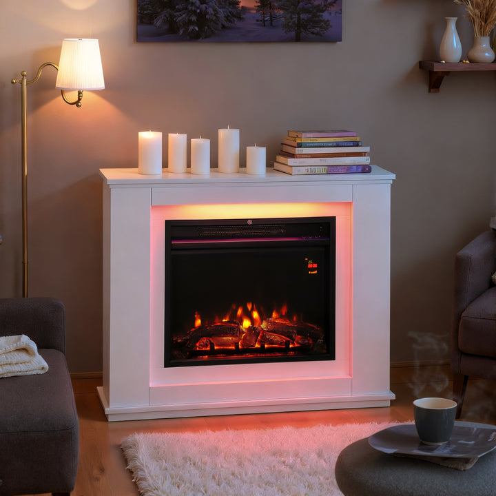 Lareira Elétrica com Efeito de Chama de 5 Níveis de Brilho, Luzes LED de 12 Cores, Lareira Decorativa, 1000/2000W, Temporizador, Termóstato Digital, Controlo Remoto, para 30 ?, Branco