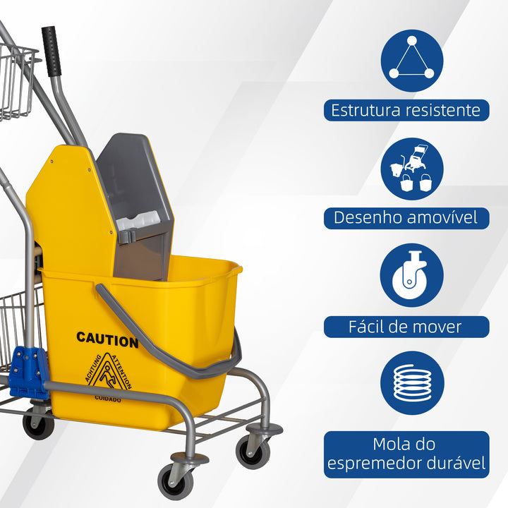 Carro de Limpeza Balde para Esfregona com Escorredor a Pressão Rodas e Cesto de Armazenamento Capacidade 26L 73x45x95 cm Amarelo