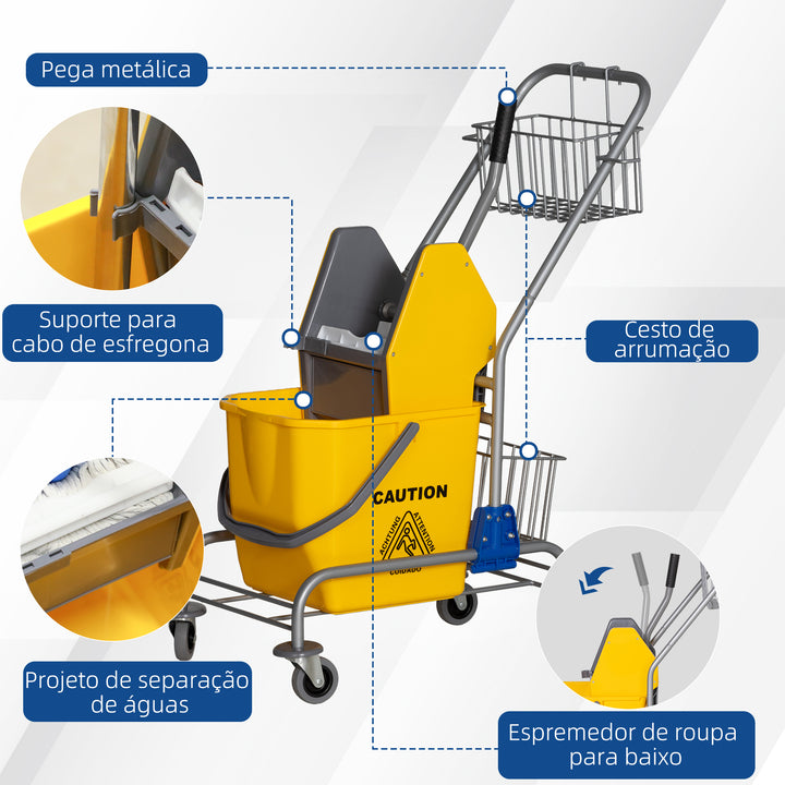 Carro de Limpeza Balde para Esfregona com Escorredor a Pressão Rodas e Cesto de Armazenamento Capacidade 26L 73x45x95 cm Amarelo