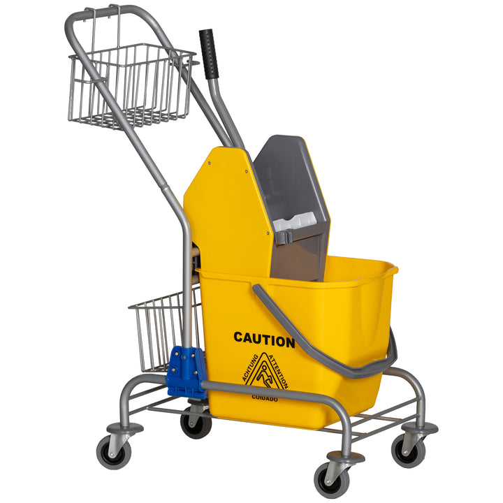 Carro de Limpeza Balde para Esfregona com Escorredor a Pressão Rodas e Cesto de Armazenamento Capacidade 26L 73x45x95 cm Amarelo