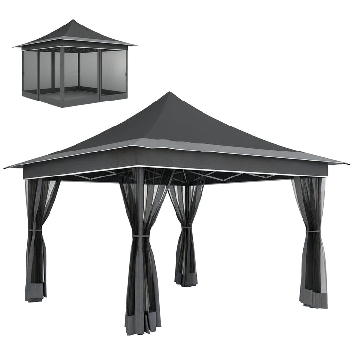Tenda Dobrável 3,5x3,5x3 m Tenda de Jardim com Altura Ajustável 4 Mosquiteiros Proteção UV50+ Impermeável e Bolsa de Transporte Tenda para Eventos Campismo Cinza Escuro