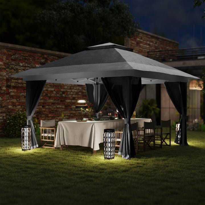 Pérgola Dobrável 356x356x280 cm Pérgola Dobrável com 4 Paredes Laterais de Malha Anti-UV Altura Ajustável Bolsa de Areia e Bolsa de Transporte para Campismo Festas Cinza Escuro