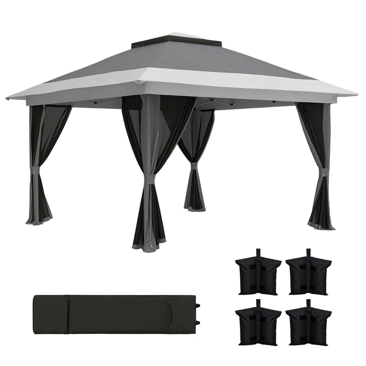 Pérgola Dobrável 356x356x280 cm Pérgola Dobrável com 4 Paredes Laterais de Malha Anti-UV Altura Ajustável Bolsa de Areia e Bolsa de Transporte para Campismo Festas Cinza Escuro