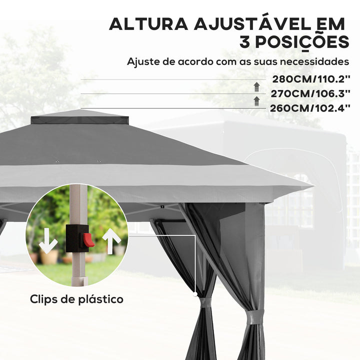 Pérgola Dobrável 356x356x280 cm Pérgola Dobrável com 4 Paredes Laterais de Malha Anti-UV Altura Ajustável Bolsa de Areia e Bolsa de Transporte para Campismo Festas Cinza Escuro