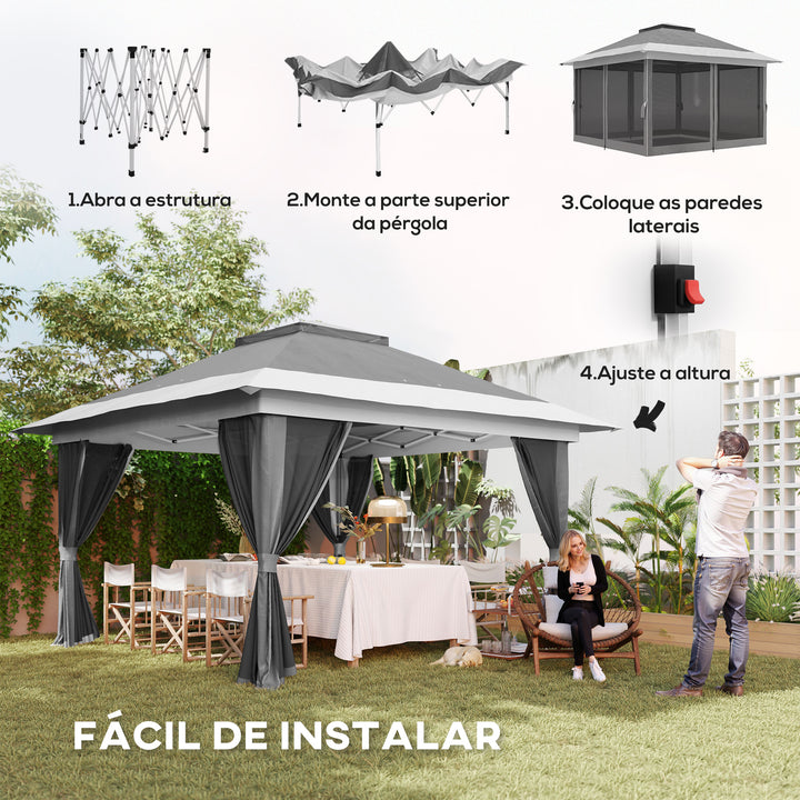 Pérgola Dobrável 356x356x280 cm Pérgola Dobrável com 4 Paredes Laterais de Malha Anti-UV Altura Ajustável Bolsa de Areia e Bolsa de Transporte para Campismo Festas Cinza Escuro