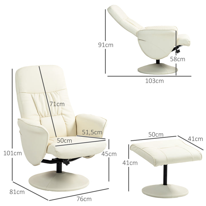 Poltrona Relax com Apoio para os Pés Estofada em PU Poltrona Relax Reclinável até 145° e Giratório 360° com Encosto Ajustável para Sala de Estar Dormitório Escritório 81x81x105cm Creme
