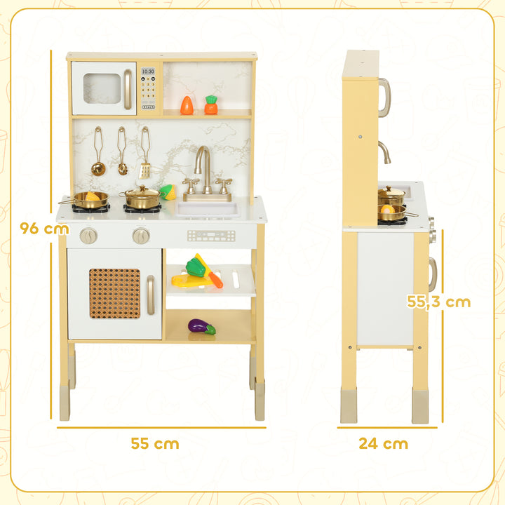 Cozinha de Brincar em Madeira com Som Cozinha Infantil com Acessórios em Aço Inoxidável Micro-Ondas Forno Lava-Loiças Legumes para Cortar para Crianças a Partir de 3 Anos 55x24x96 cm Dourado