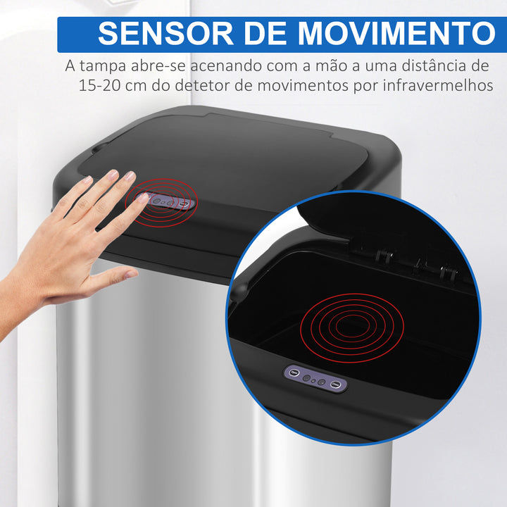 Balde de Lixo Automático 20L Balde de Lixo de Cozinha de Aço Inoxidável com Sensor Infravermelho Abertura Automática Cubo Amovível e Alça 33x25x42,5 cm Prata e Preto