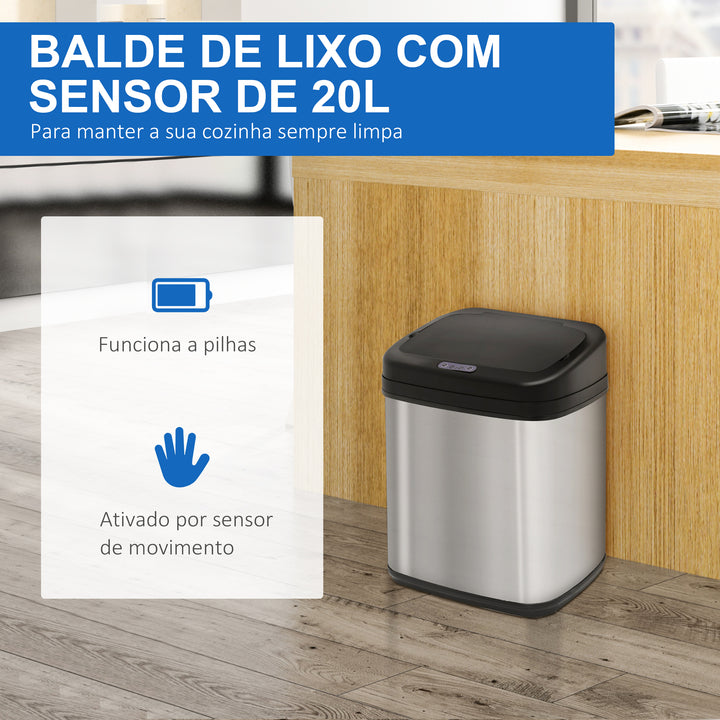 Balde de Lixo Automático 20L Balde de Lixo de Cozinha de Aço Inoxidável com Sensor Infravermelho Abertura Automática Cubo Amovível e Alça 33x25x42,5 cm Prata e Preto
