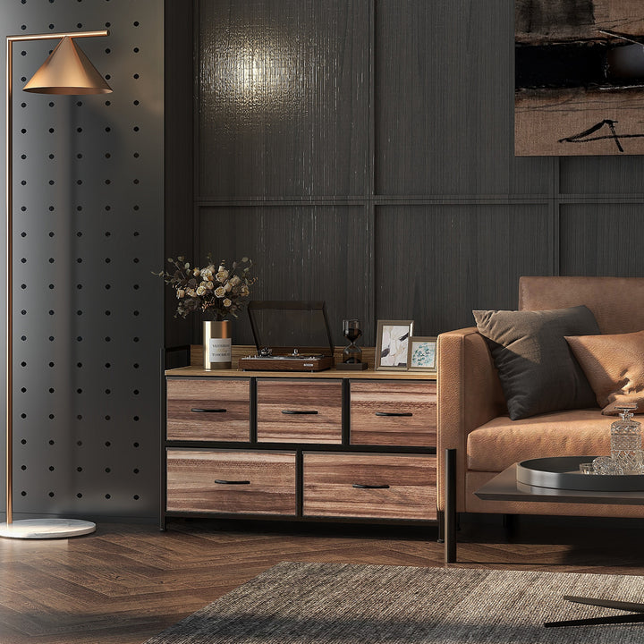 Cómoda com 5 Gavetas de Tecido Cómoda de Estilo Industrial com Estrutura Metálica para Sala de Estar Entrada Quarto 98x29x63 cm Carvalho