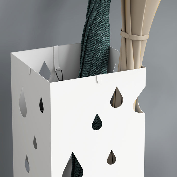 HOMOM Suporte para Guarda-Chuvas Branco com 4 Ganchos e Bandeja de Gotejamento Amovível Porta Guarda-Chuvas para Corredor Entrada 15,5x15,5x41 cm Branco