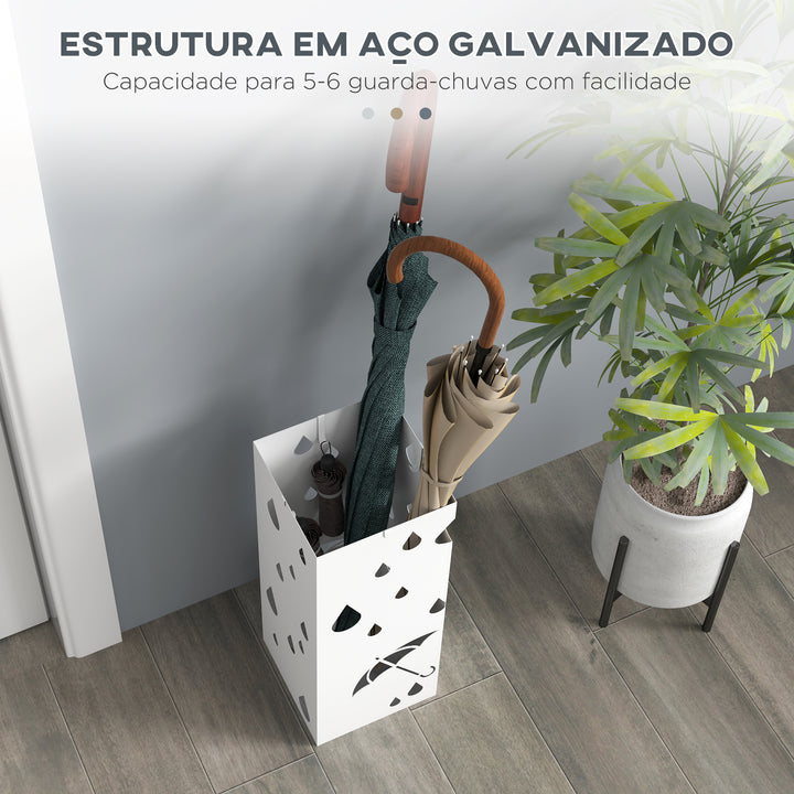 HOMOM Suporte para Guarda-Chuvas Branco com 4 Ganchos e Bandeja de Gotejamento Amovível Porta Guarda-Chuvas para Corredor Entrada 15,5x15,5x41 cm Branco