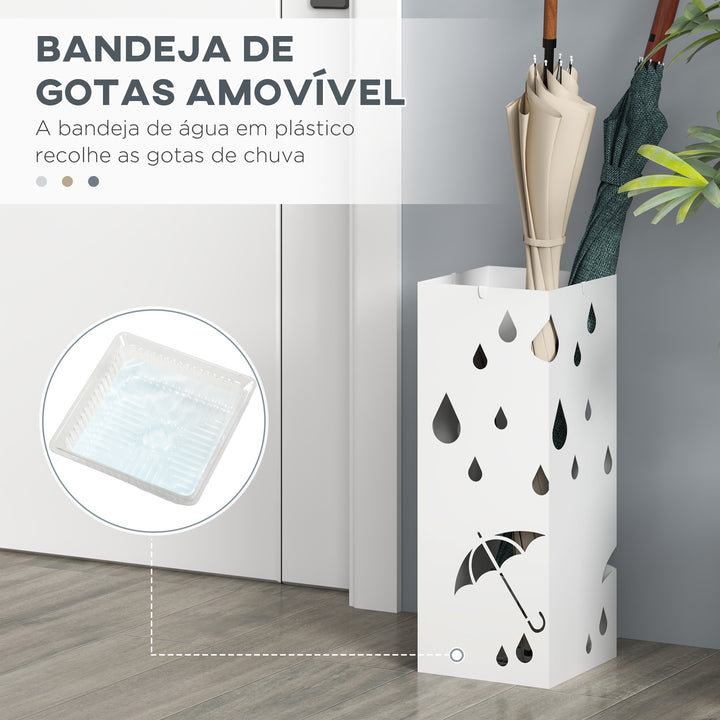 HOMOM Suporte para Guarda-Chuvas Branco com 4 Ganchos e Bandeja de Gotejamento Amovível Porta Guarda-Chuvas para Corredor Entrada 15,5x15,5x41 cm Branco