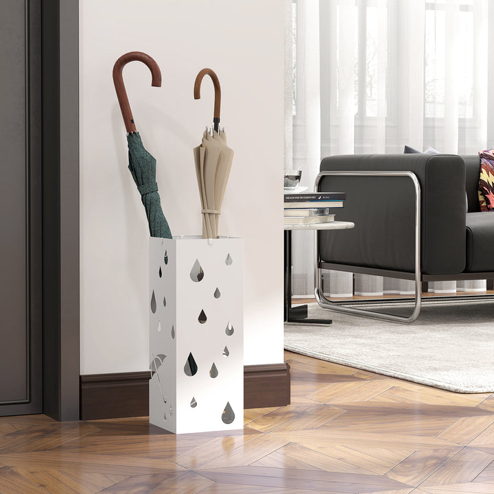 HOMOM Suporte para Guarda-Chuvas Branco com 4 Ganchos e Bandeja de Gotejamento Amovível Porta Guarda-Chuvas para Corredor Entrada 15,5x15,5x41 cm Branco