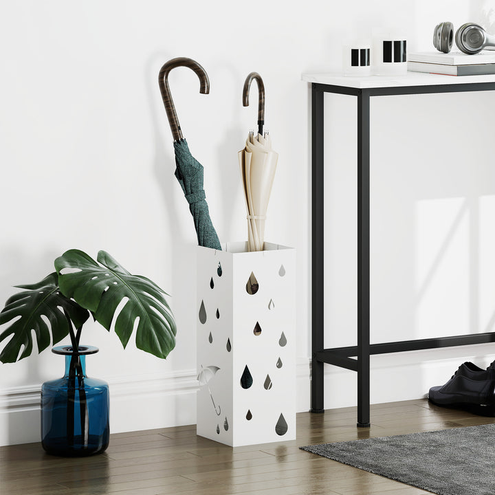HOMOM Suporte para Guarda-Chuvas Branco com 4 Ganchos e Bandeja de Gotejamento Amovível Porta Guarda-Chuvas para Corredor Entrada 15,5x15,5x41 cm Branco