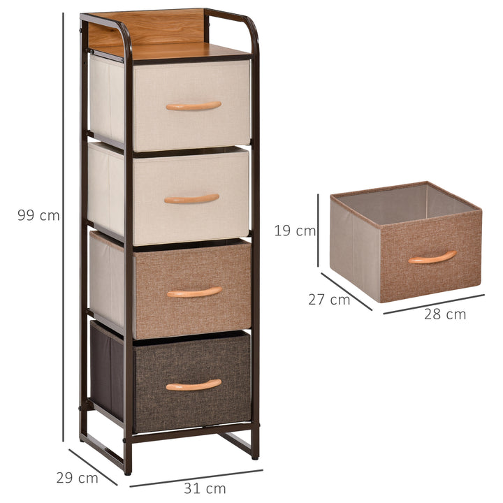 Cómoda de Tecido com 4 Cestos Removíveis e Dobráveis Base Elevada Móvel de Armazenamento para Dormitório Sala de Estar 31x29x99cm Multicor