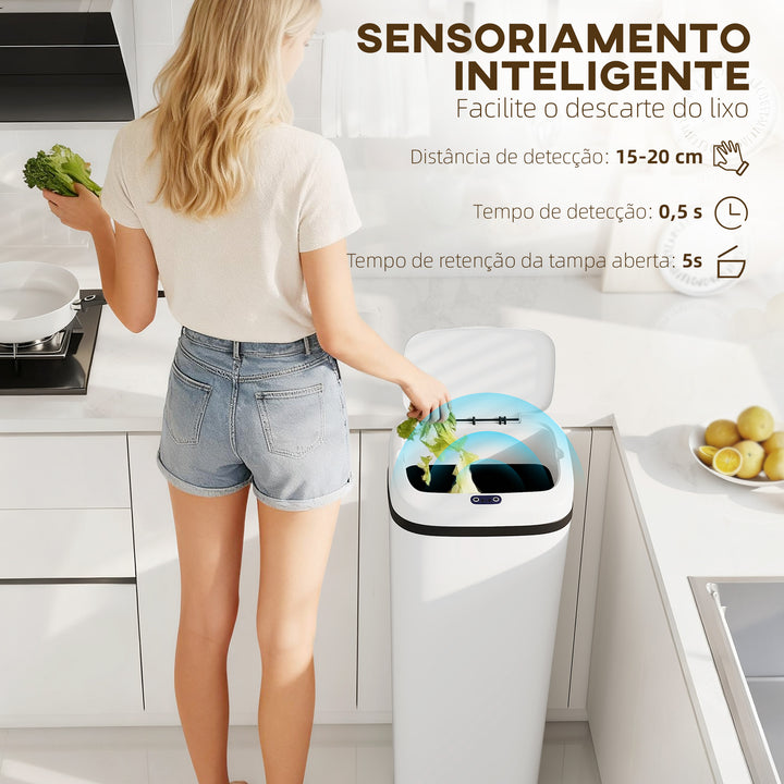 Balde de Lixo Automático 50L Papeleira Estreita de Cozinha em Aço Inoxidável com Sensor Infravermelhos e Modo Manual Anel de Fixação Anti-dedadas, para Escritório e Casa Branco
