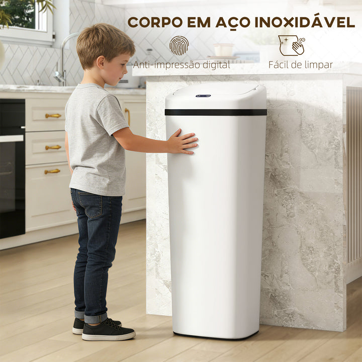 Balde de Lixo Automático 50L Papeleira Estreita de Cozinha em Aço Inoxidável com Sensor Infravermelhos e Modo Manual Anel de Fixação Anti-dedadas, para Escritório e Casa Branco