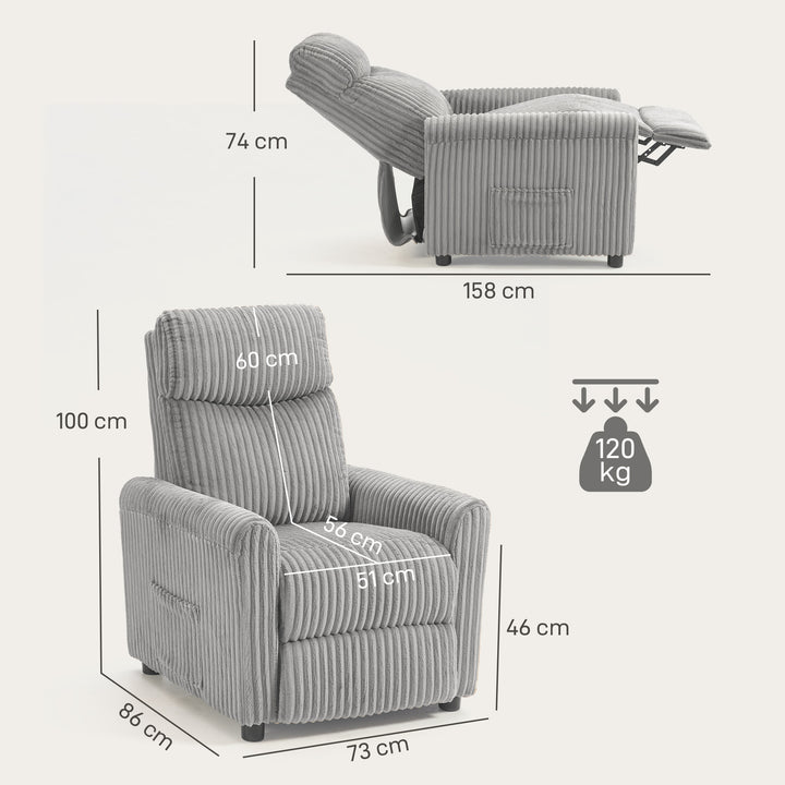 Poltrona Relax Reclinável Poltrona Reclinável Manual Estofada em Veludo Instalação Rápida Apoio para Pés Acolchoamento Grosso Para Sala de Estar Quarto Escritório 73x86x100 cm Cinza