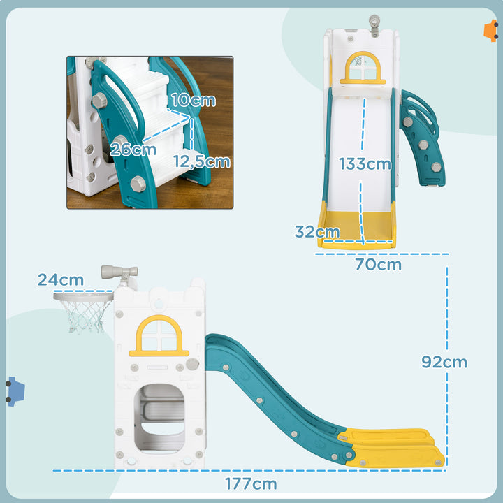 Escorrega Infantil 4 em 1 para Crianças de 1-3 Anos com Cesto de Basquetebol Telescópio Escalador e Espaço de Arrumação para Interior e Exterior 70x177x92 cm Amarelo e Verde