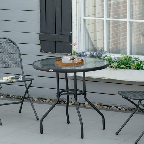 Mesa de Jardim Redonda Mesa de Exterior Ø80x72 cm com Orifício para Chapéu de Sol e Tampo de Vidro Temperado para Pátio Terraço Preto