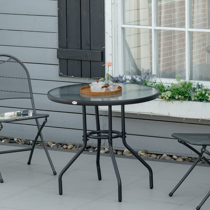 Mesa de Jardim Redonda Mesa de Exterior Ø80x72 cm com Orifício para Chapéu de Sol e Tampo de Vidro Temperado para Pátio Terraço Preto