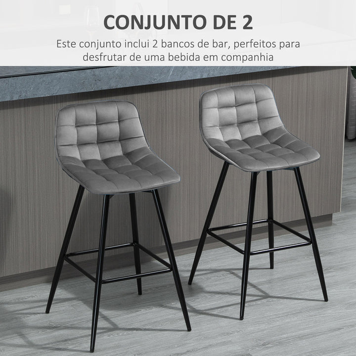 Conjunto de 2 Bancos de Bar com Encosto e Apoio para os Pés Bancos Altos Acolchoados de Estilo Nórdico em Metal e Poliéster para Bar Sala de Jantar 45x47x88 cm Cinza
