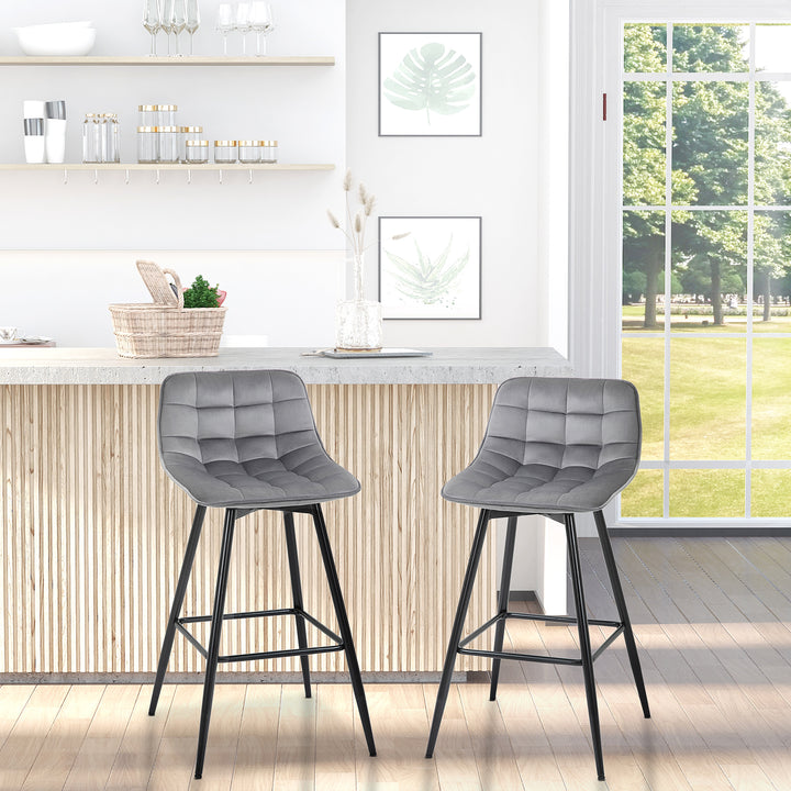 Conjunto de 2 Bancos de Bar com Encosto e Apoio para os Pés Bancos Altos Acolchoados de Estilo Nórdico em Metal e Poliéster para Bar Sala de Jantar 45x47x88 cm Cinza