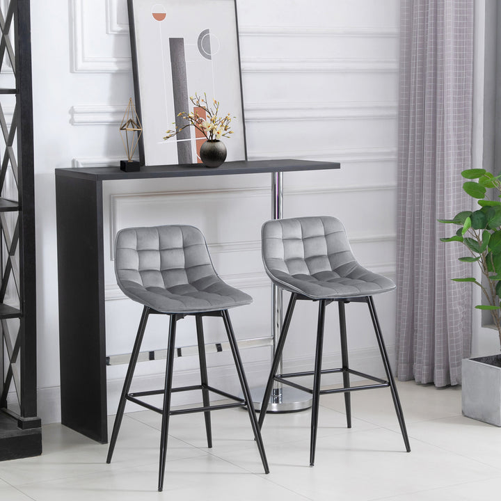 Conjunto de 2 Bancos de Bar com Encosto e Apoio para os Pés Bancos Altos Acolchoados de Estilo Nórdico em Metal e Poliéster para Bar Sala de Jantar 45x47x88 cm Cinza