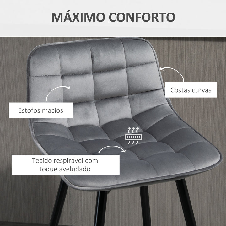 Conjunto de 2 Bancos de Bar com Encosto e Apoio para os Pés Bancos Altos Acolchoados de Estilo Nórdico em Metal e Poliéster para Bar Sala de Jantar 45x47x88 cm Cinza