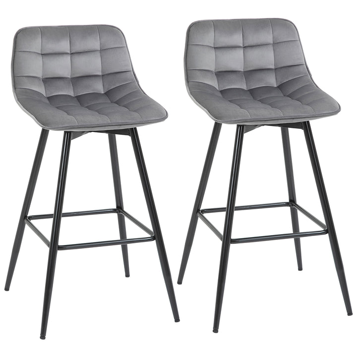 Conjunto de 2 Bancos de Bar com Encosto e Apoio para os Pés Bancos Altos Acolchoados de Estilo Nórdico em Metal e Poliéster para Bar Sala de Jantar 45x47x88 cm Cinza